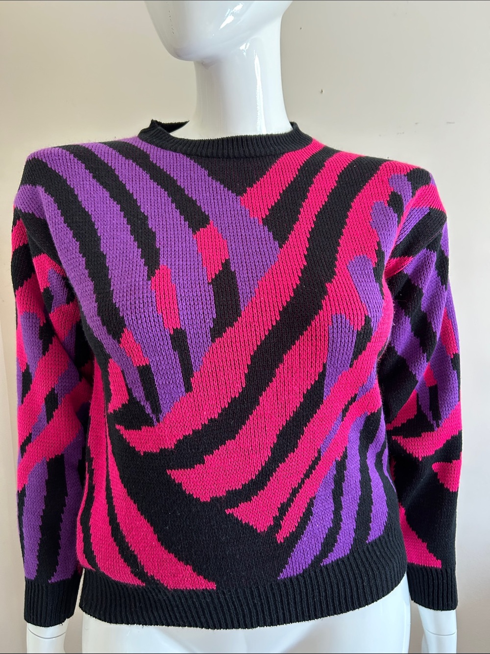 Vintage Black Sweater with Pink & Purple Abstract Waves